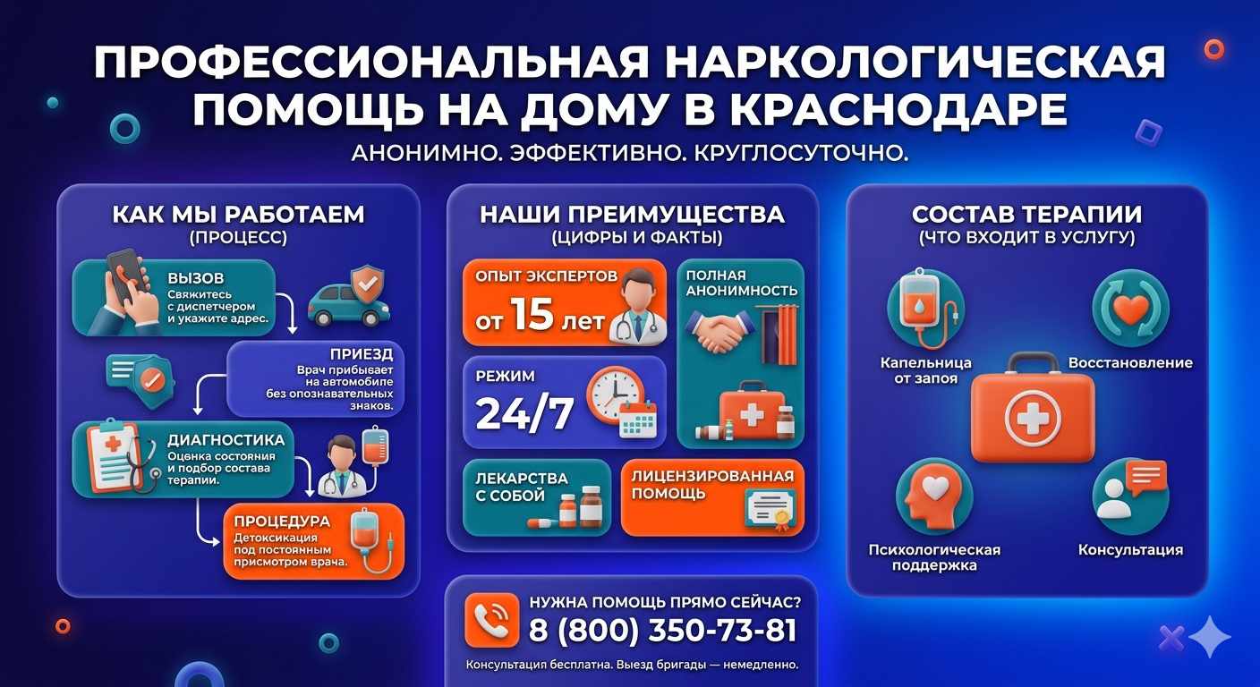 Инфографика о принципах лечения алкоголизма на дому в Чигирях: этапы вызова нарколога, преимущества анонимной детоксикации и состав медицинской помощи.